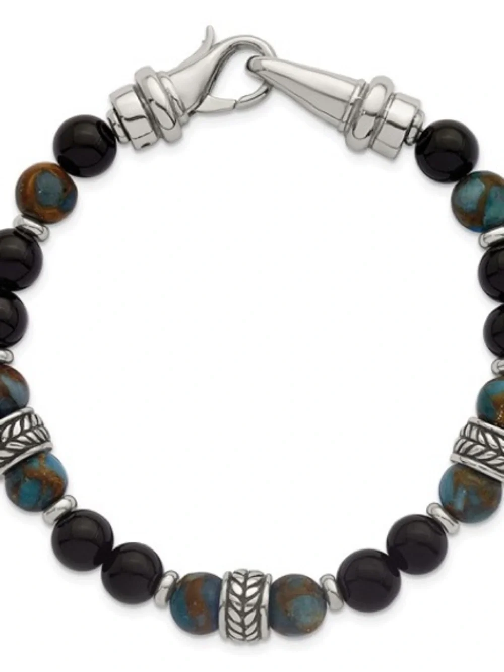 Man’s Stainless Steel Light Blue & Black Onyx Beaded Bracelet (8.5 in)